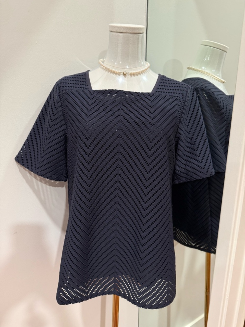 Tory Burch Navy Eyelet Chevron Square-Neck Tunic